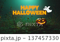 Halloween pumpkin with glowing face and festive text in a misty, atmospheric setting 137457330