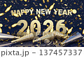 Festive celebration scene with golden decorations and confetti welcoming New Year 2026 137457337