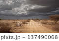 Dark clouds gather over a dirt road in an arid landscape in the early evening 137490068