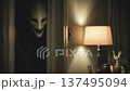 Creepy Creature Peeking From Door In Dark Horror Room Scene 137495094