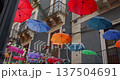 Low angle view of the hanging umbrellas of different colors in the street, 4k 137504691