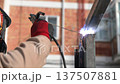 Close up welder welding metal structure outdoors industrial construction work 137507881
