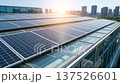 Green business solar panel roof office in modern city skyline building at sunset capturing clean green energy power for sustainable corporate future ecology and urban renewable growth 137526601