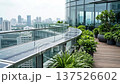 Green energy solar panel office roof garden terrace with modern city skyline view sustainable design concept eco friendly workplace urban environment harmony and lush plants 137526602