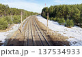 Winding railway tracks through pine forest with melting snow, air transport infrastructure. 137534933