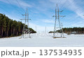 High-voltage power lines over a snow-covered field near a pine forest, winter energy infrastructure, power line pylons and power grid landscape. 137534935