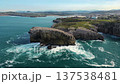 Aerial drone view of rocky coastline and cliffs in Suances Cantabria northern Spain Atlantic coast 137538481
