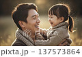 Asian father and young daughter laughing together in warm knit sweaters during golden hour outdoor bonding moment 137573864