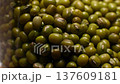 Close-up of mung beans. Lots of small green beans in a clear storage jar. Raw beans. Healthy and wholesome food. 137609181