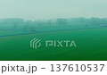 Misty rural pasture stretching across vast green countryside meadow. Dense fog covering agricultural landscape with distant farm buildings and tree rows creating quiet atmospheric mood. Wide pastoral 137610537