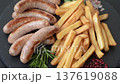 Grilled pork or chicken sausages, smoked fried food with salt and spices. Grilled sausages 137619088