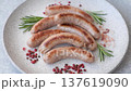 Grilled pork or chicken sausages, smoked fried food with salt and spices. Grilled sausages 137619090