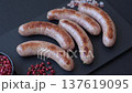Grilled pork or chicken sausages, smoked fried food with salt and spices. Grilled sausages 137619095