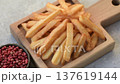 French fries, a salty, crispy, homemade snack with spices. French fries on a black background 137619144