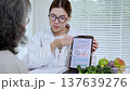 Asian nutritionist showing AI health analysis graph on tablet to senior patient. 137639276