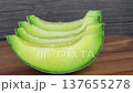 Cantaloupe melon on a wooden plate. 137655278