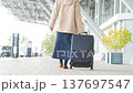 A woman's feet as she walks with a suitcase in front of the airport terminal. (Image of a travel departure) A woman's feet as she walks with a suitcase in front of the airport terminal. (Image of a travel departure) 137697547