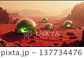Spectacular domed structures filled with vibrant vegetation stand out against a red desert landscape. Birds soar in the sky as mysterious dust clouds roll by at sunset. 137734476