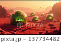 Vast landscapes of red terrain showcase glowing eco-spheres. Each dome houses lush greenery, blending nature with advanced design. Witness a new world of harmony. 137734482