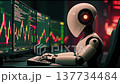 A robot sits at a desk, analyzing stock market data on multiple screens in a dark office. The atmosphere is intense as numbers change rapidly late at night. 137734484