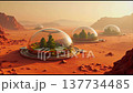 Explore a futuristic Martian city where transparent domes protect vibrant plants and water features in a red desert setting during an afternoon light. 137734485