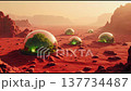 Unique green trees grow inside transparent domes on a rusty landscape of a distant planet. These habitats depict the future of sustainable living in space. 137734487