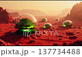 A mysterious alien landscape reveals glowing domes emitting green energy bursts. Exploring this red planet invokes a sense of wonder and intrigue as unusual structures emerge from the terrain. 137734488