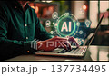 A person works on a laptop at a trendy cafe, engaging with various artificial intelligence tools. The setting highlights the merging of technology and everyday activities. 137734495
