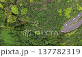 Top-down drone descent toward a sharp mountain road hairpin with cars driving below, surrounded by dense tropical vegetation near Saint-Paul, Reunion Island. 137782319