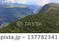 Aerial landscape drone reveal over lush tropical mountains, camera tilting up from forest canopy to dramatic canyon and river valley, Entre-Deux, Reunion Island. 137782341