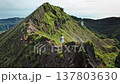 Man running on a narrow mountain ridge next to the Batur volcano crater, showcasing the challenging terrain and active sport adventure of hiking in rugged landscape of Bali, Indonesia. Aerial view Man running on a narrow mountain ridge next to the Batur volcano crater, showcasing the challenging terrain and active sport adventure of hiking in rugged landscape of Bali, Indonesia. Aerial view 137803630