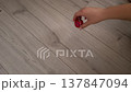 Red rubber bouncing ball repeatedly hitting laminate floor indoors closeup playful motion physics gravity rebound energy toy movement minimal home interior dynamic impact surface texture 137847094