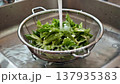 Fresh Green Salad Washed Under Running Water in Kitchen Sink. 137935383