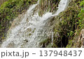 Slow motion footage of a waterfall flowing through mountain landscape in Spain during early spring 137948437
