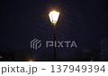 Winter Night Scene. Serene Winter Tableau Illuminated By Golden Lamps And Dusted Snowflakes Creating Magic 137949394