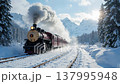 A winter railway scene featuring a steam locomotive running through snowy mountains. 137995948