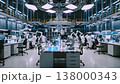 Advanced laboratory facility with microscopes and research benches, scientists working among instruments, servers, bright sterile environment designed for high volume scientific experiments, analysis 138000343