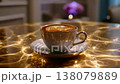 A Beautifully Crafted Coffee Cup on a Reflective Table, Showcasing Latte Art and Warm Glow, Ideal for a Cozy Cafe Experience 138079889