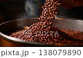 Freshly Roasted Coffee Beans; Aromatic, Rich Colors and Textures Highlight the Process of Coffee Roasting with Steam Rising in a Vibrant Production Setting 138079890