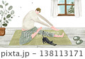 Stock illustration video (animation) of a man stretching with his cat in his room. 138113171