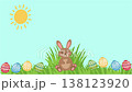 Happy Easter video greeting card with cute bunny and decorated eggs in green grass under bright sun on pastel background 138123920