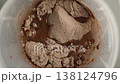 Dry Chocolate Protein Or Cocoa Powder Dissolves In Water Sinking Down. Slow Motion Macro, Top View. 138124796