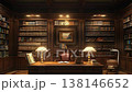 Classic home library with wooden furniture and bookshelves 138146652