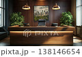 Modern office reception area with desk and city view artwork 138146654