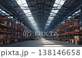 Sunlight entering distribution warehouse with goods on shelves 138146658