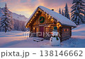 Cozy wooden cabin decorated with christmas lights in snowy mountain scenery at sunset 138146662
