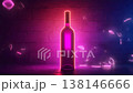 Neon wine bottle shining on brick wall background with falling rings 138146666