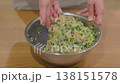 ボウルの中の餃子の餡を混ぜる女性の手のクローズアップ 138151578