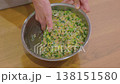 ボウルの中の餃子の餡を混ぜる女性の手のクローズアップ 138151580
