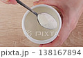 Close-up Scooping Collagen Powder With Spoon From Container, Measuring Dietary Supplement On Table. Nutrition, Beauty And Skincare From Within Concept. 138167894